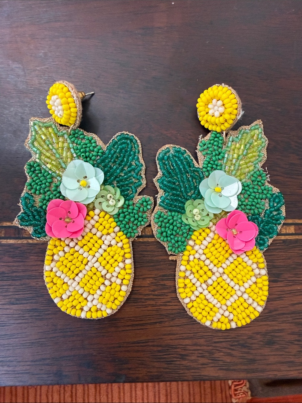 Beaded Pineapple Tropical Drop Earrings - Yellow & Green with Pink flowers